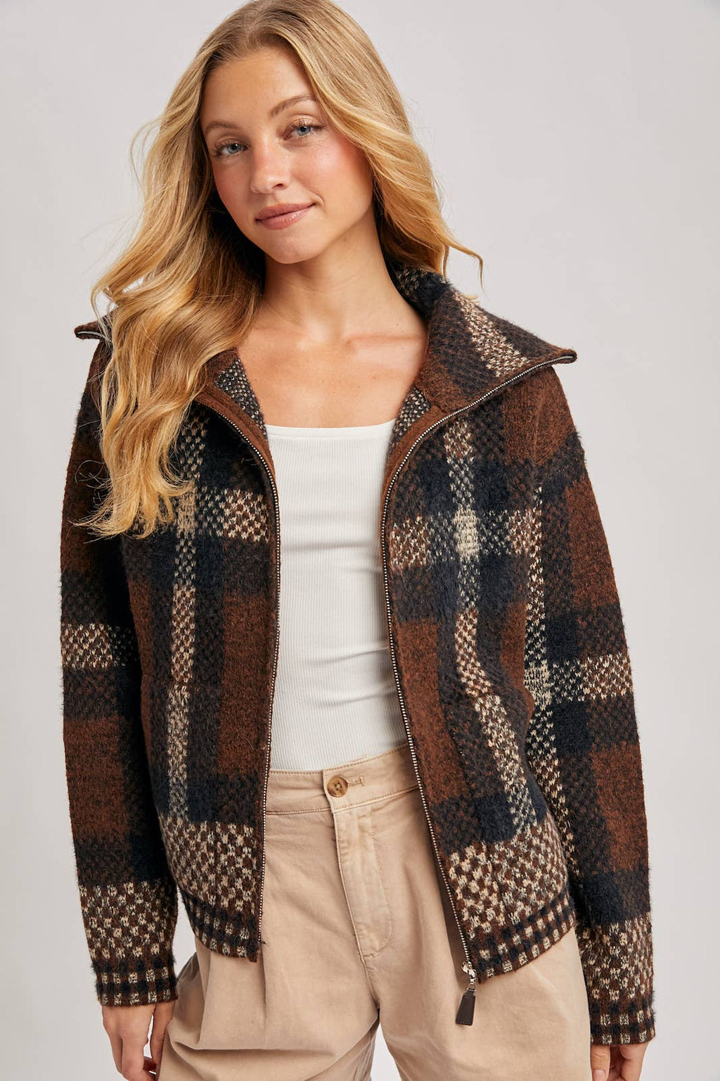 Danielle Plaid Full Zip Sweater