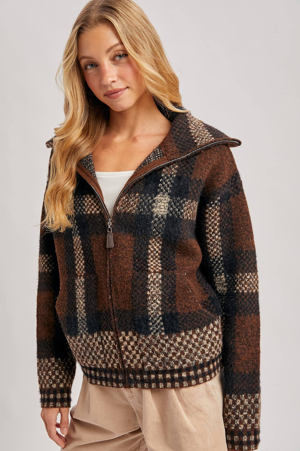 Danielle Plaid Full Zip Sweater