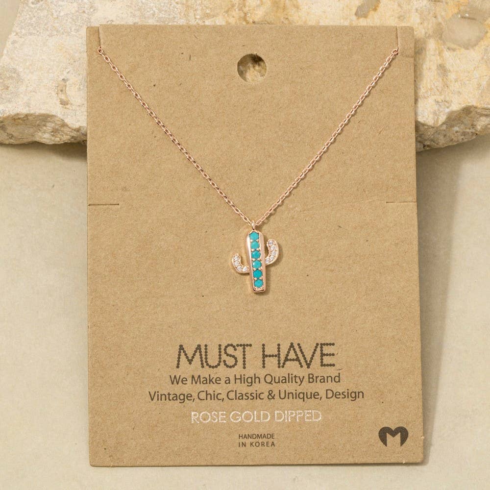 Gold Dipped Turquoise And Cz Cactus Pendant Necklace