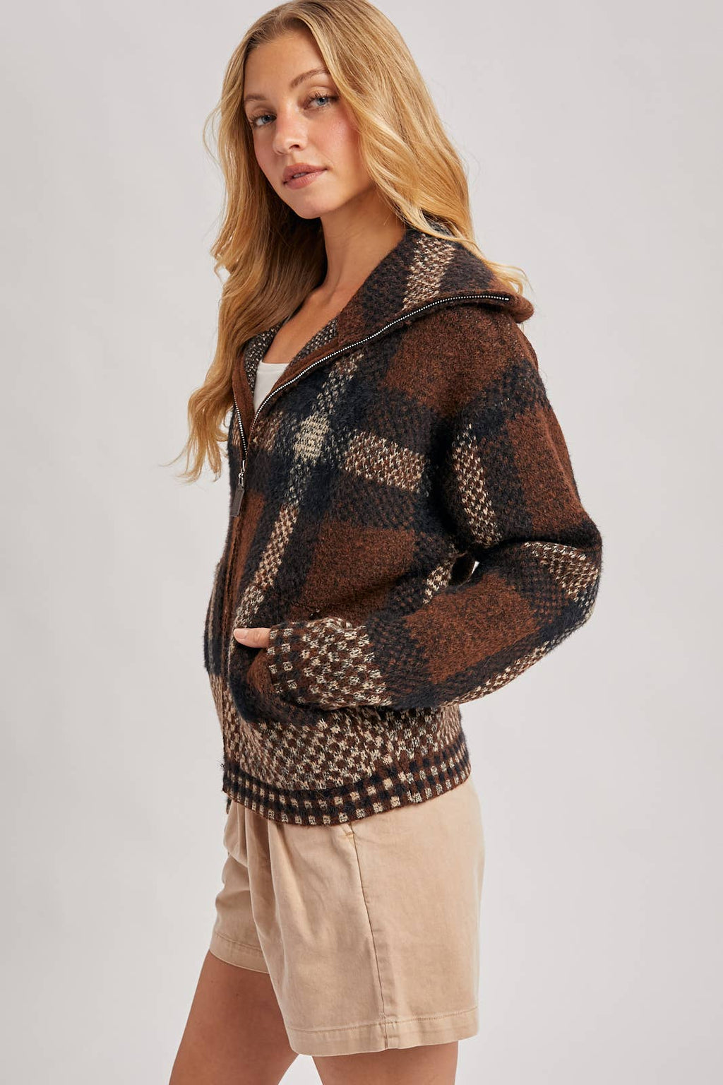 Danielle Plaid Full Zip Sweater