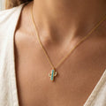 Gold Dipped Turquoise And Cz Cactus Pendant Necklace