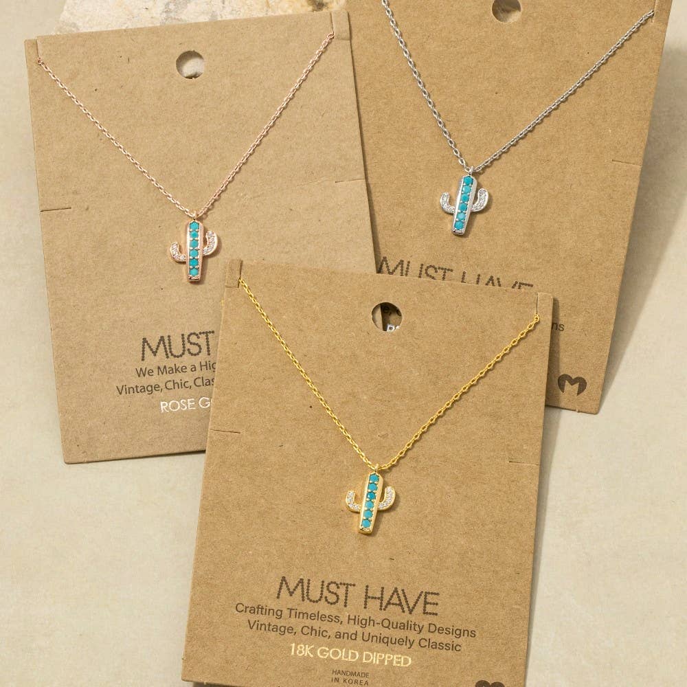 Gold Dipped Turquoise And Cz Cactus Pendant Necklace
