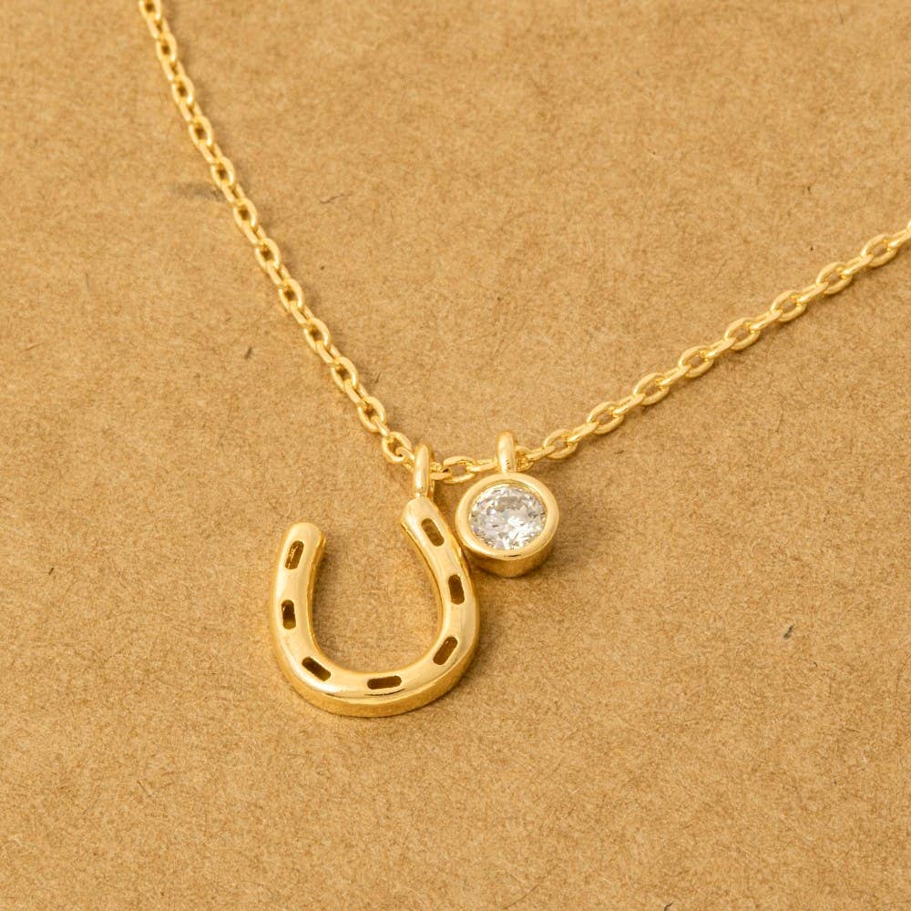 Gold Dipped Horse Shoe And Cz Charm Necklace