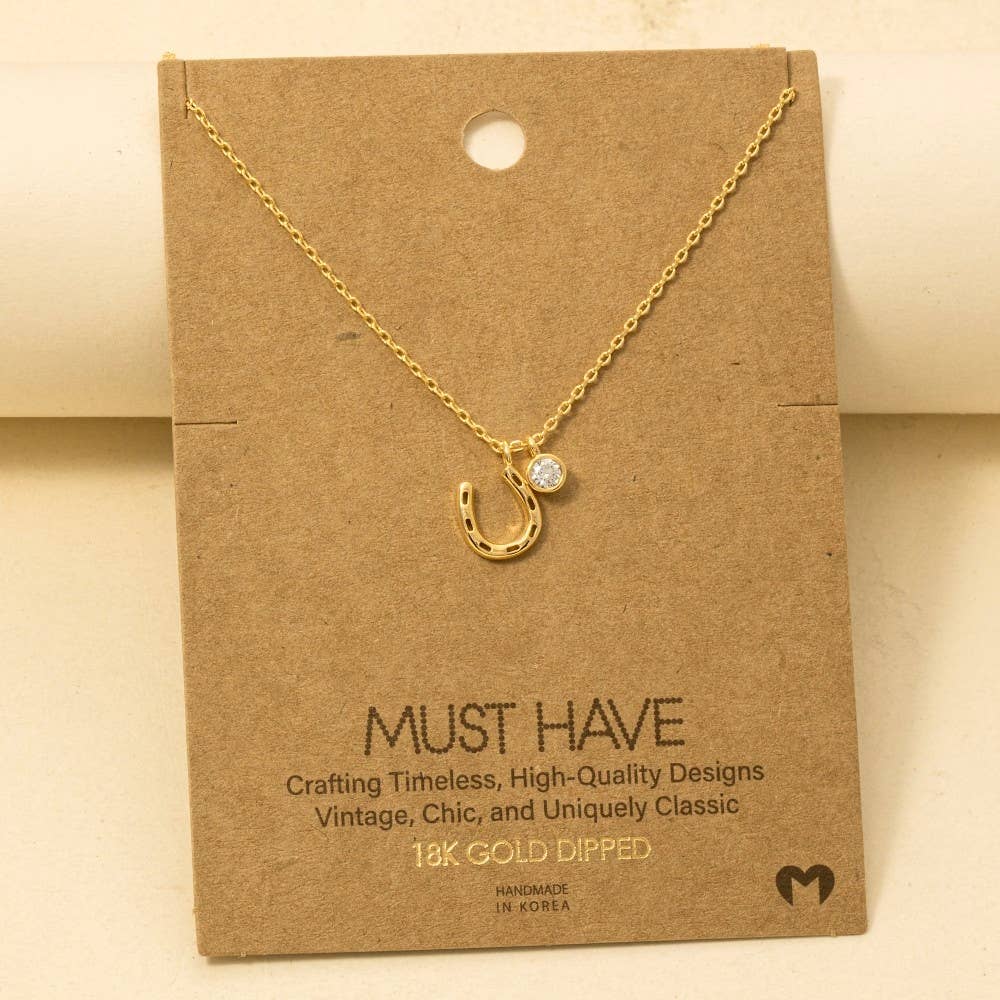 Gold Dipped Horse Shoe And Cz Charm Necklace