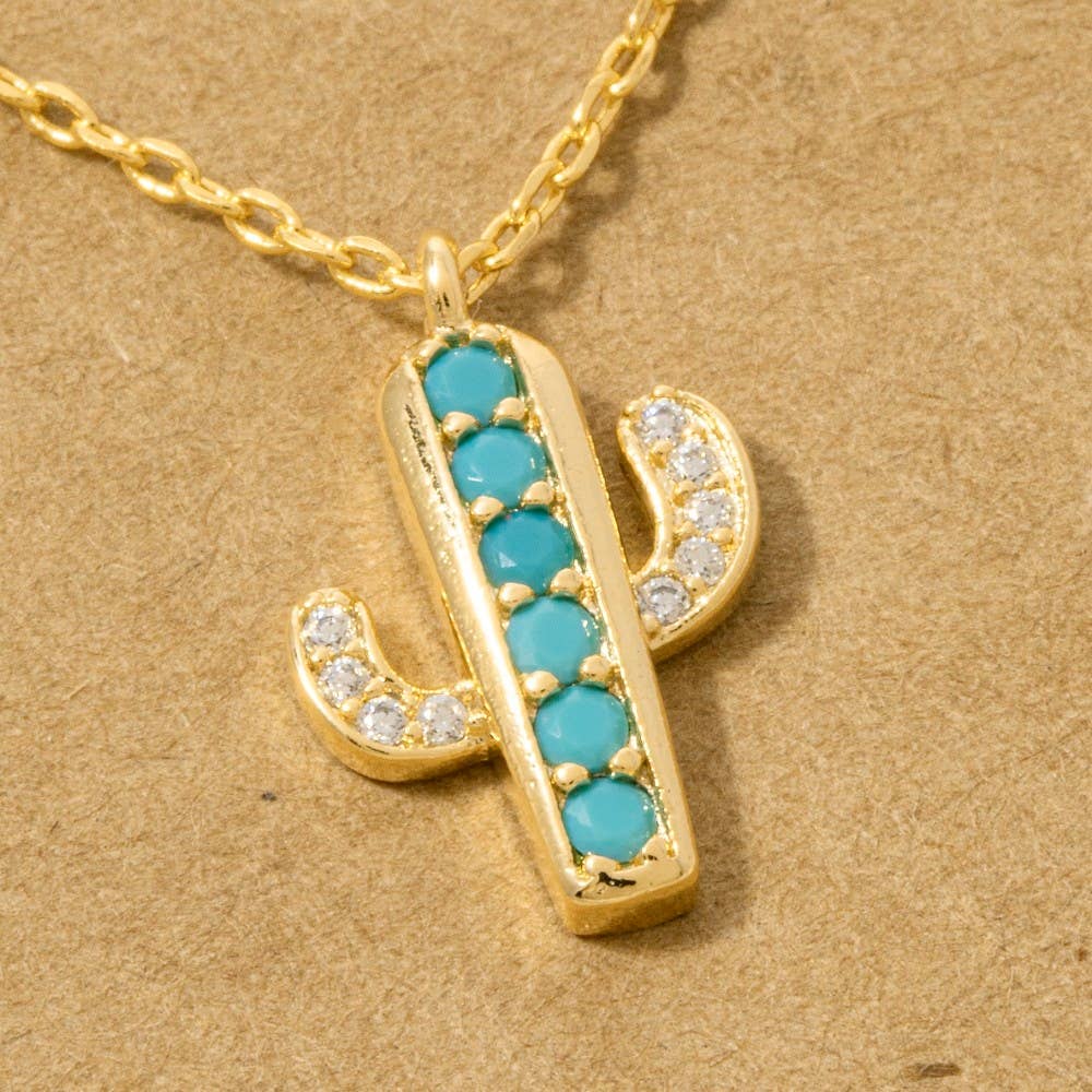 Gold Dipped Turquoise And Cz Cactus Pendant Necklace