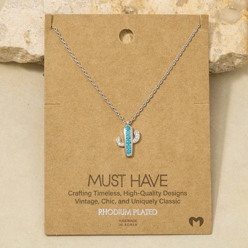 Gold Dipped Turquoise And Cz Cactus Pendant Necklace