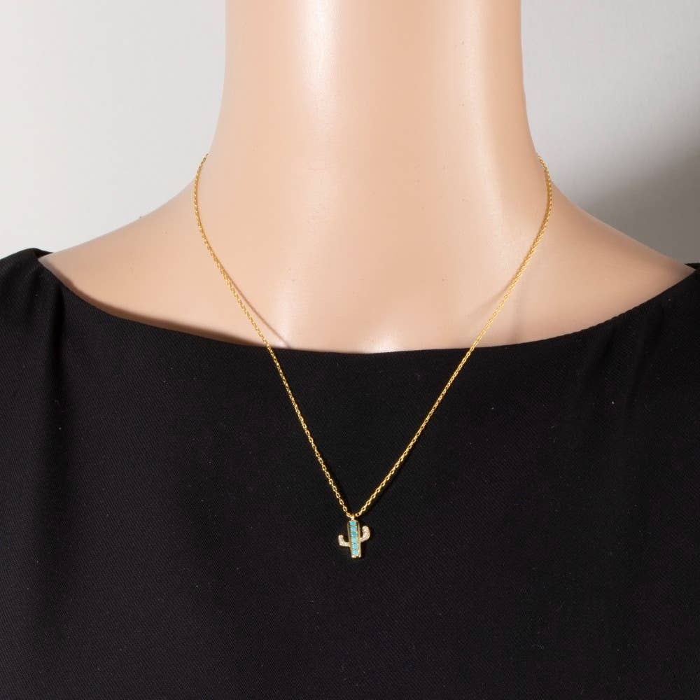 Gold Dipped Turquoise And Cz Cactus Pendant Necklace