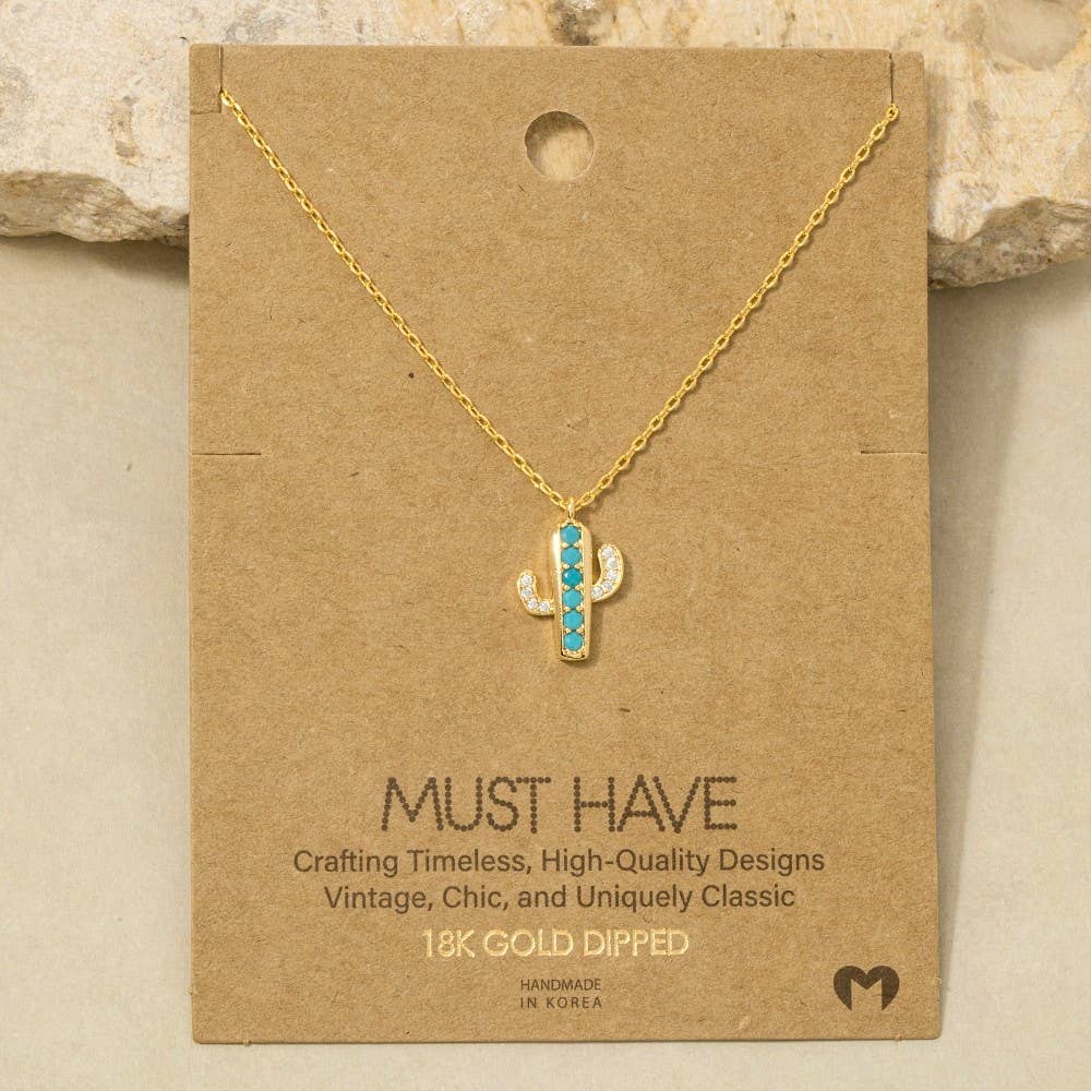 Gold Dipped Turquoise And Cz Cactus Pendant Necklace