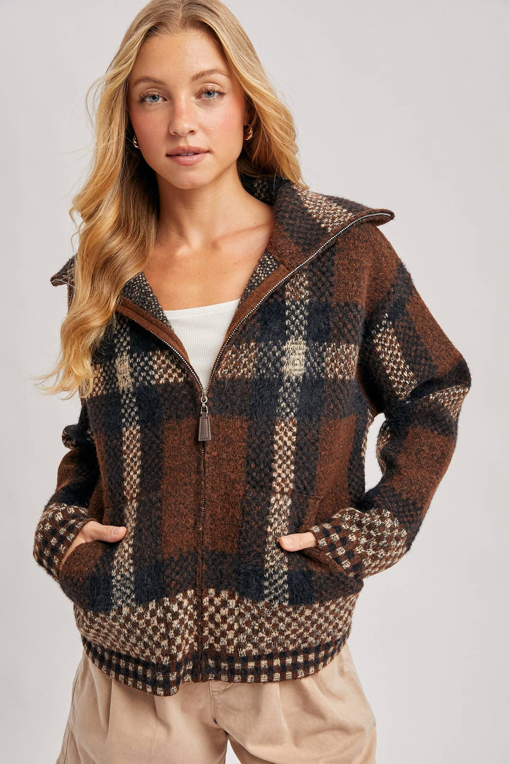 Danielle Plaid Full Zip Sweater