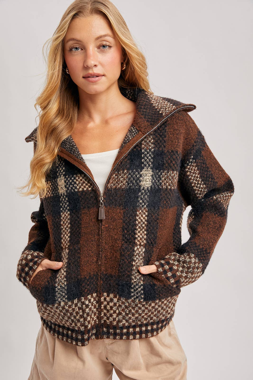 Danielle Plaid Full Zip Sweater