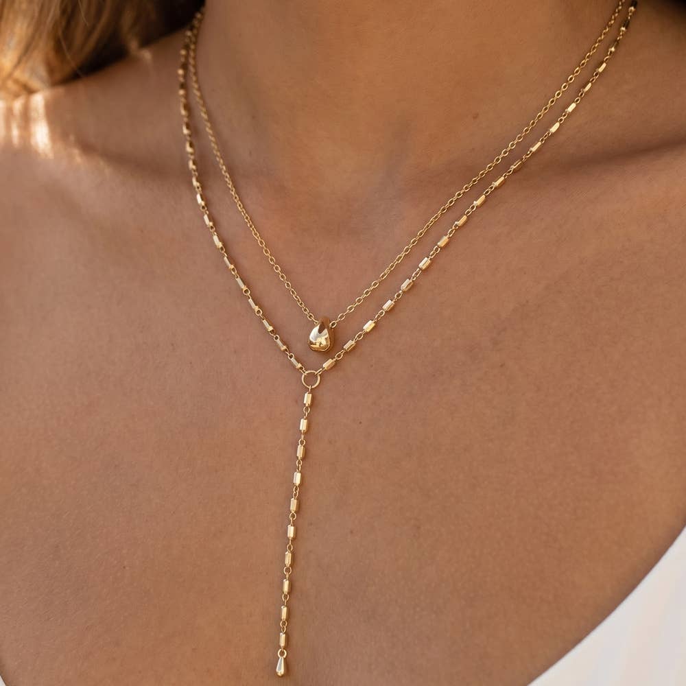 Layered Dual Chain Dome Pendant Lariat Necklace