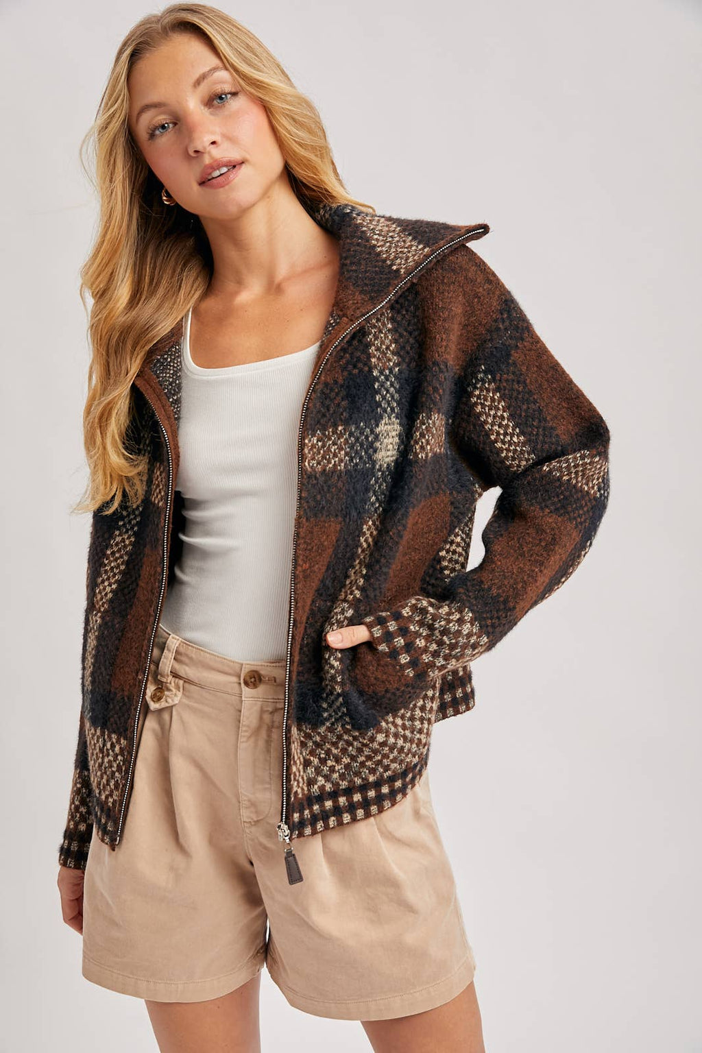 Danielle Plaid Full Zip Sweater