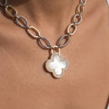 Two Tone Oval Link Mop Clover Pendant Necklace