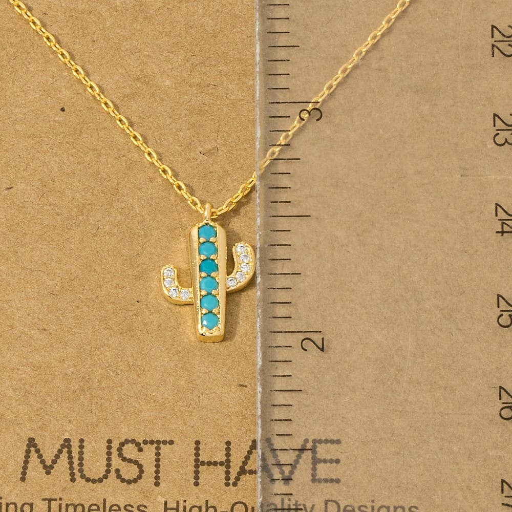 Gold Dipped Turquoise And Cz Cactus Pendant Necklace