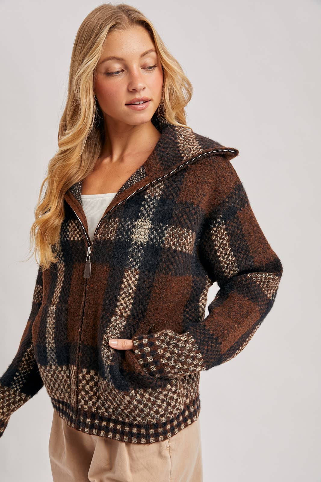 Danielle Plaid Full Zip Sweater